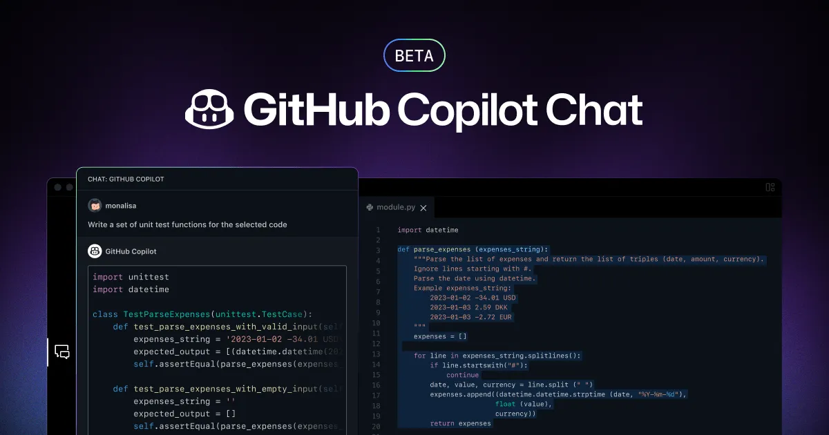 Interfaz promocional de GitHub Copilot Chat usada para representar asistentes de programacion