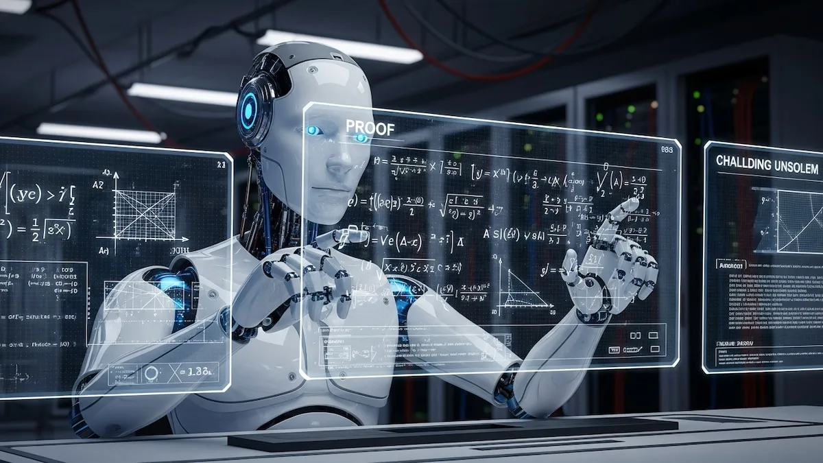 Robot humanoide frente a pantallas con ecuaciones matematicas