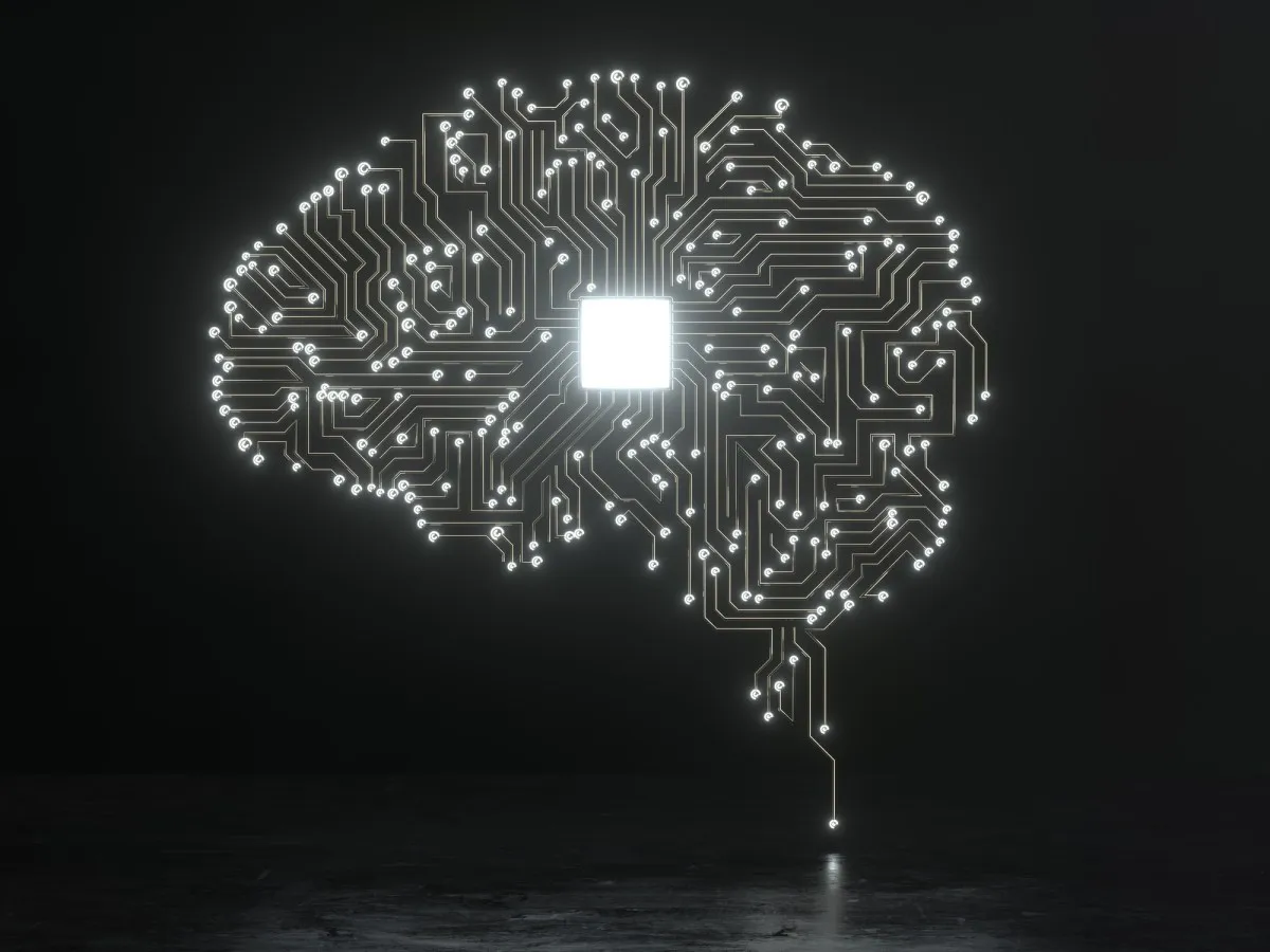 Representacion conceptual de un cerebro artificial sobre fondo oscuro