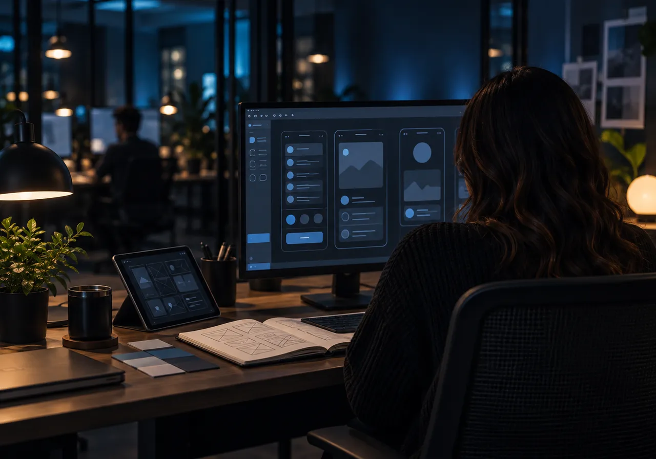 Diseñadora revisando prototipos de interfaz en su monitor