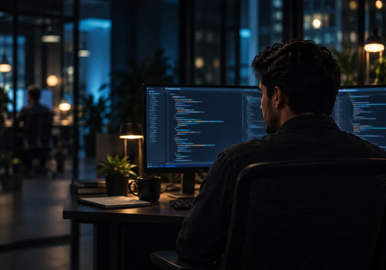 Desarrollador revisando dos monitores en una oficina nocturna