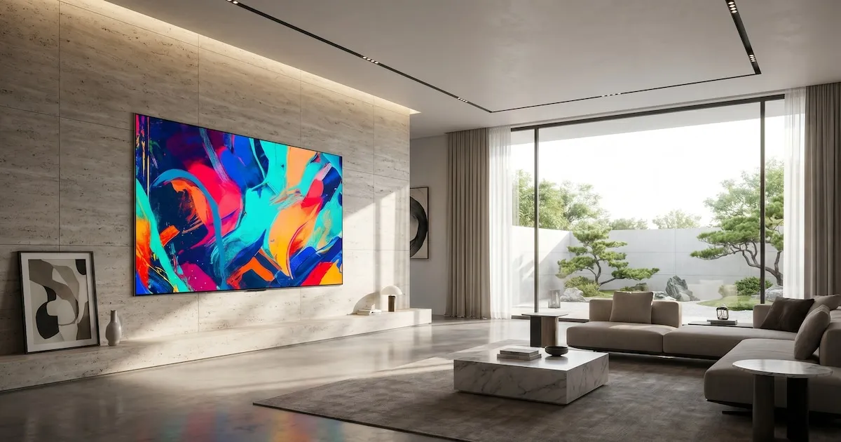 Sala moderna con televisor integrado como pieza decorativa